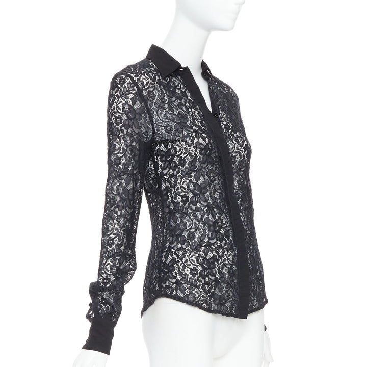 D&G DOLCE GABBANA Vintage black cotton silk floral lace sheer shirt IT38 XS