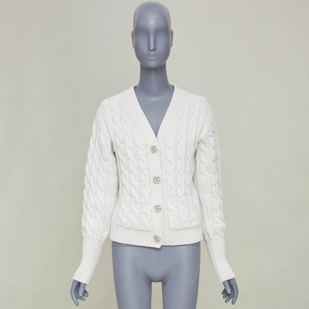 GUCCI 2024 Runway grey lurex metallic cable knit wool cashmere cardigan XS
