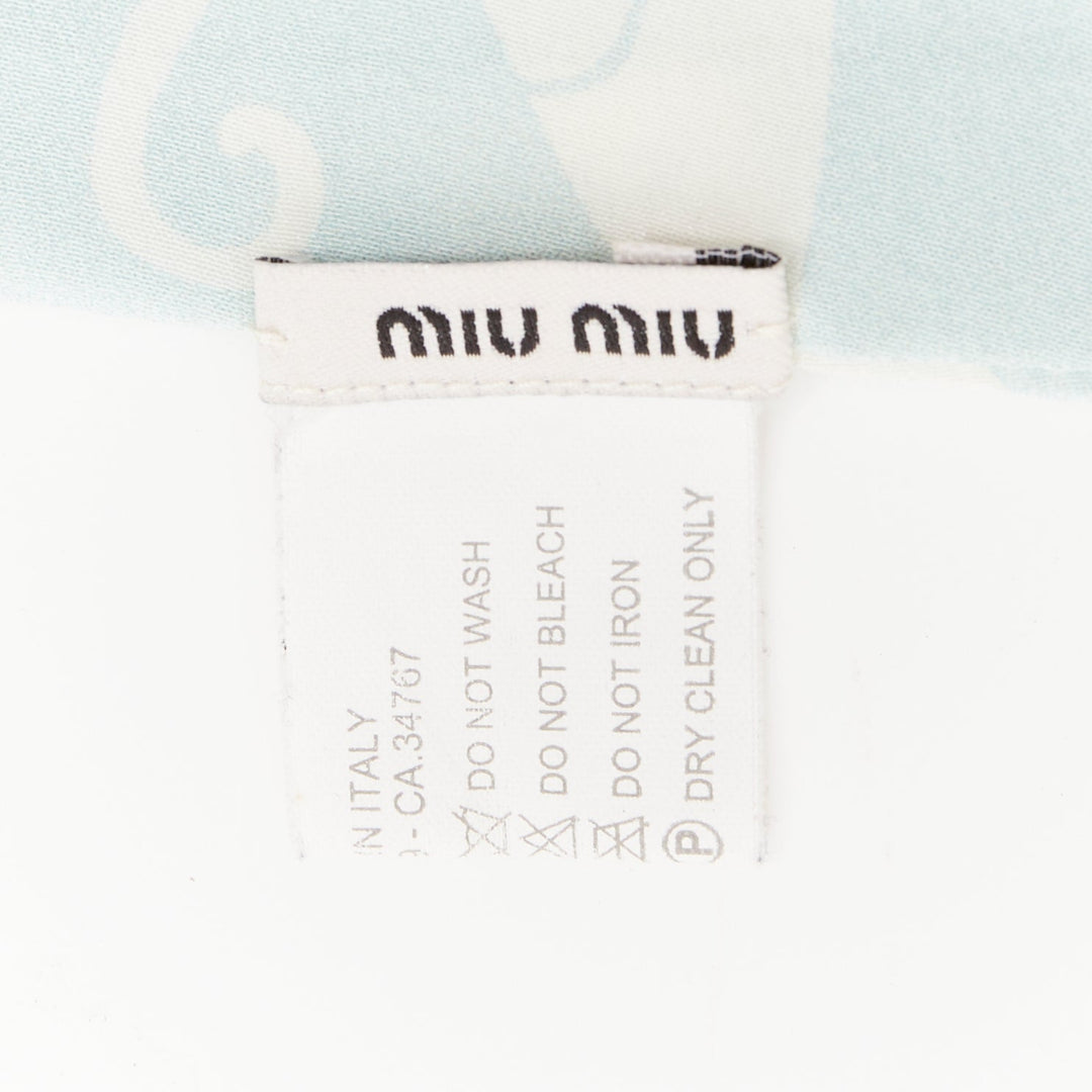 MIU MIU 2020 cartoon cat light blue white silk crepe long headband skinny scarf