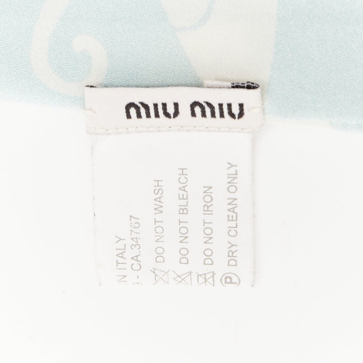 MIU MIU 2020 cartoon cat light blue white silk crepe long headband skinny scarf