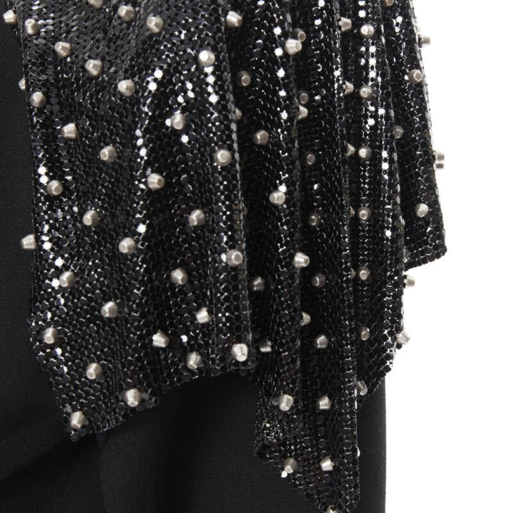 SAINT LAURENT Runway black chainmail stud shoulder pad belted dress FR38 S