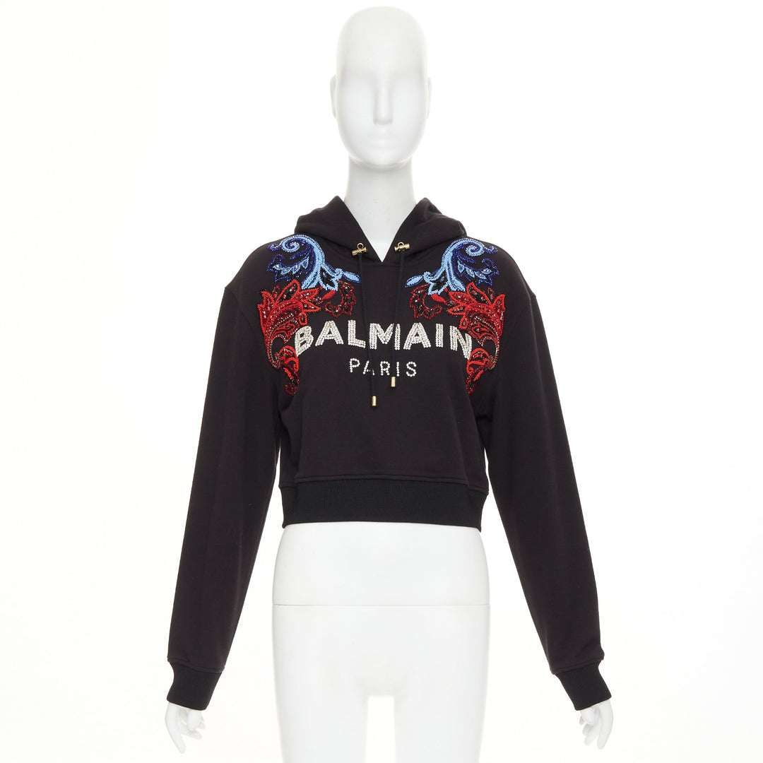 BALMAIN crystal rhinestone bead baroque logo black cropped fleece hoodie XXS