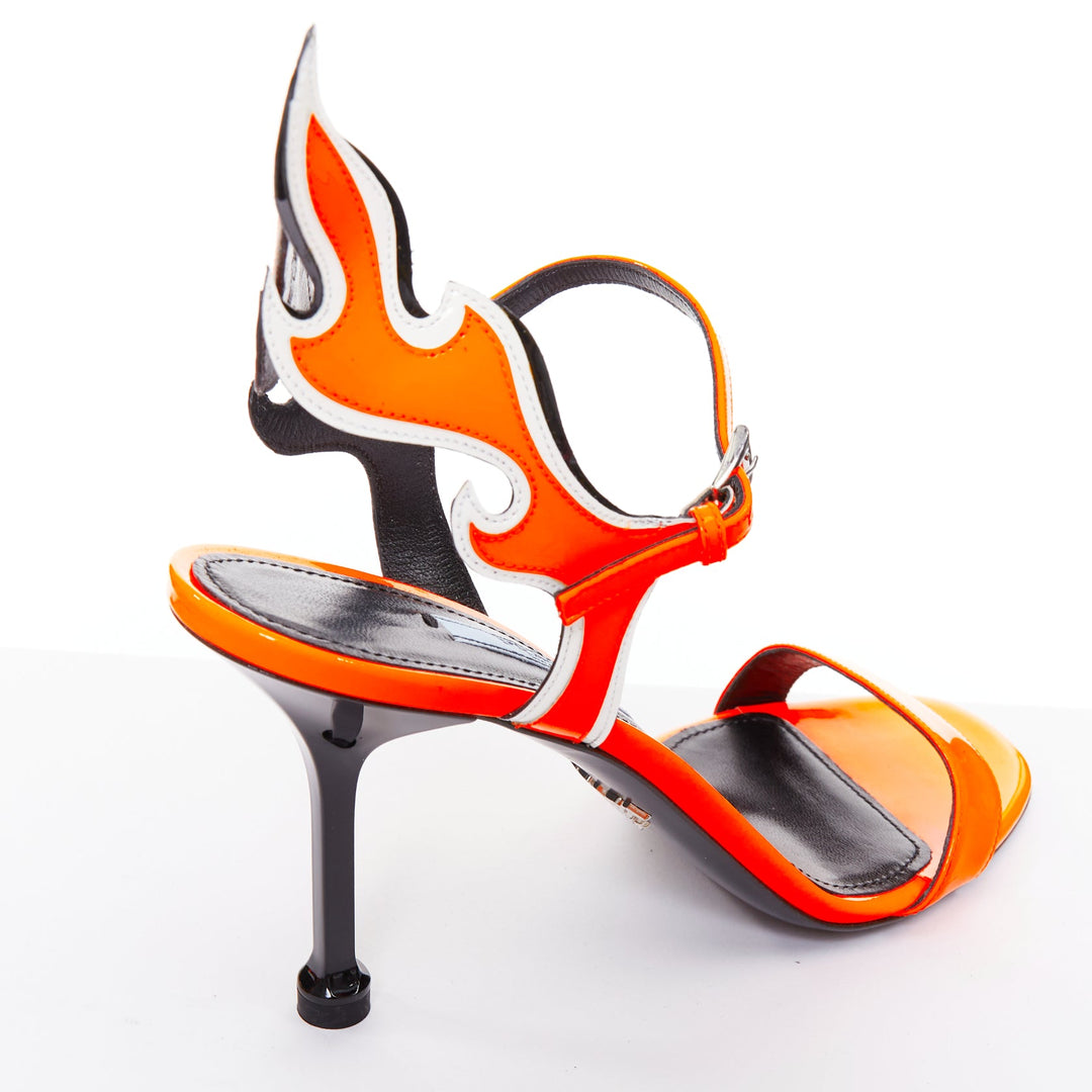 PRADA 2018 Flame fluorescent neon orange patent Fire mid heel sandal EU36.5