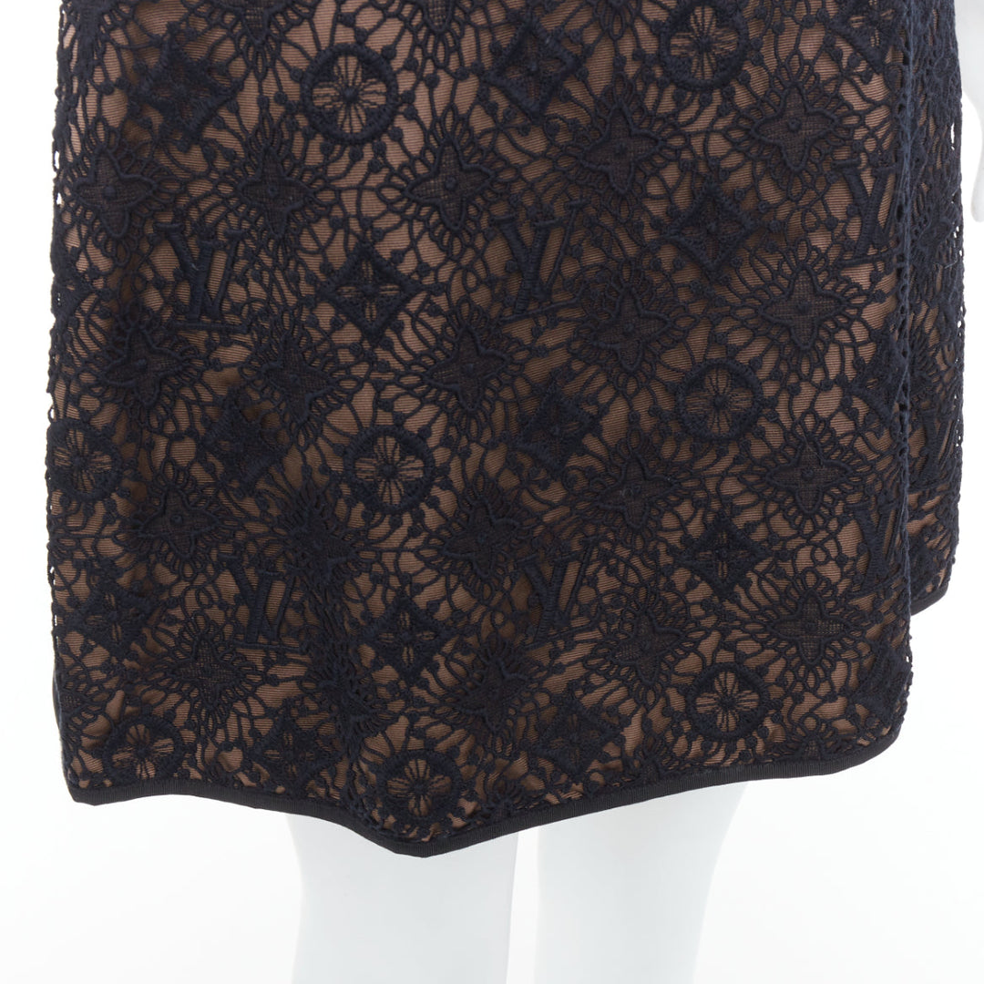 LOUIS VUITTON black overlay LV monogram lace A-line dress FR38 M