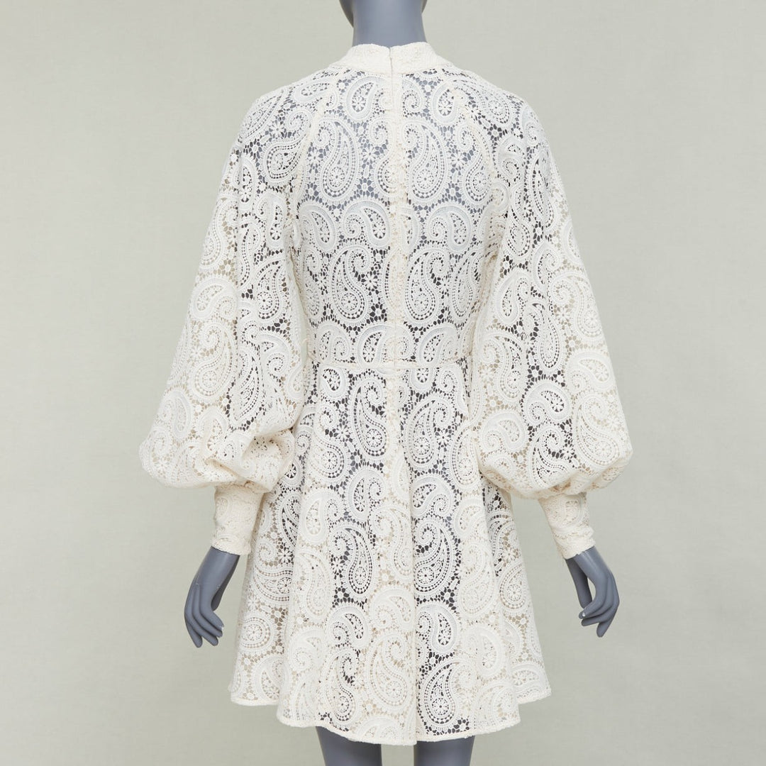 ZIMMERMANN Amari cream paisley floral lace cotton lined peasant dress Sz1 S