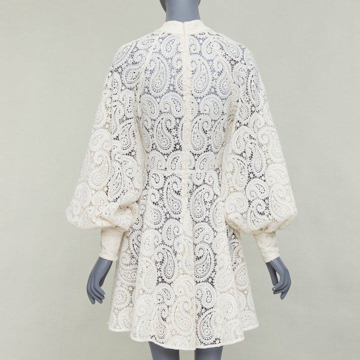 ZIMMERMANN Amari cream paisley floral lace cotton lined peasant dress Sz1 S