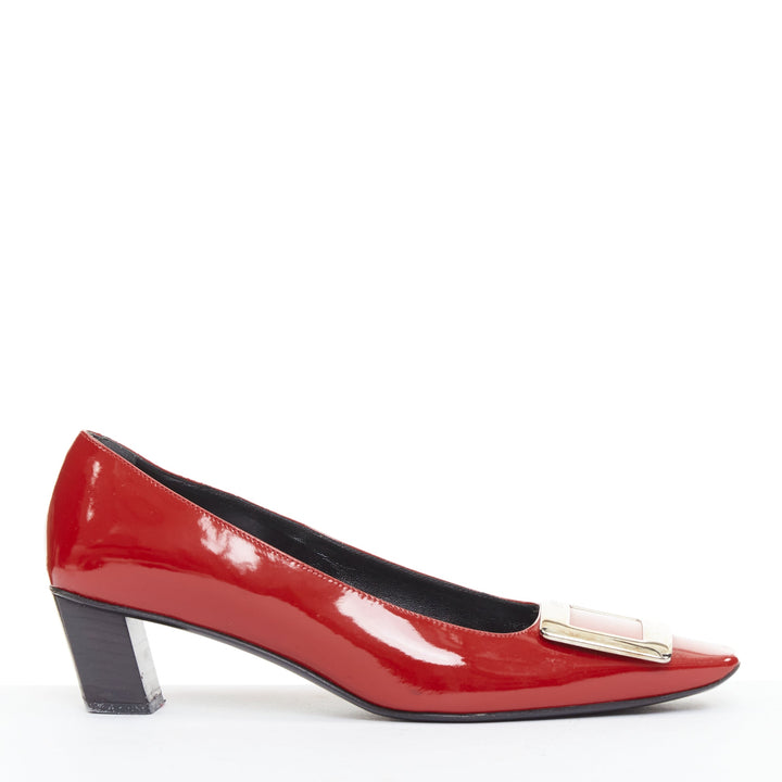 ROGER VIVIER Belle Vivier red patent leather square buckles heel pumps EU36.5
