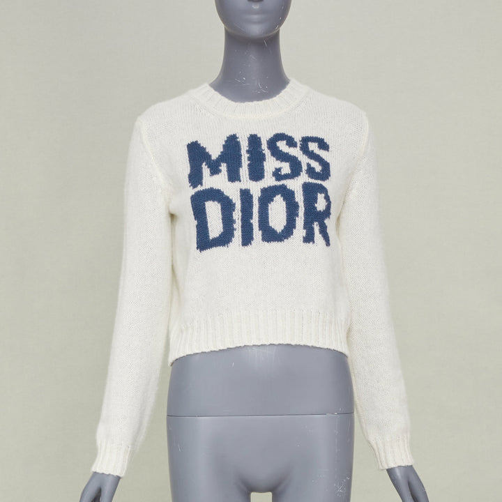 DIOR 2024 Miss Dior graffiti intarsia ecru white cashmere silk sweater FR34 XS