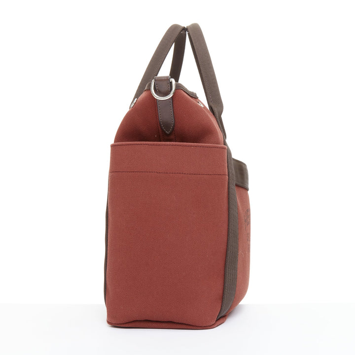 HERMES Sac de Panage Groom burgundy brown canvas logo tote bag