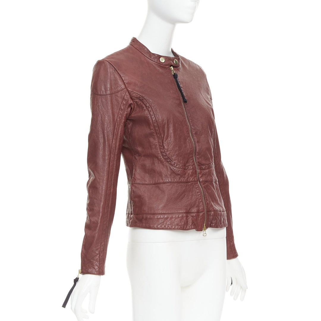 MARNI 2012 burgundy crinkled lamb leather wool lining moto biker jacket IT42 M
