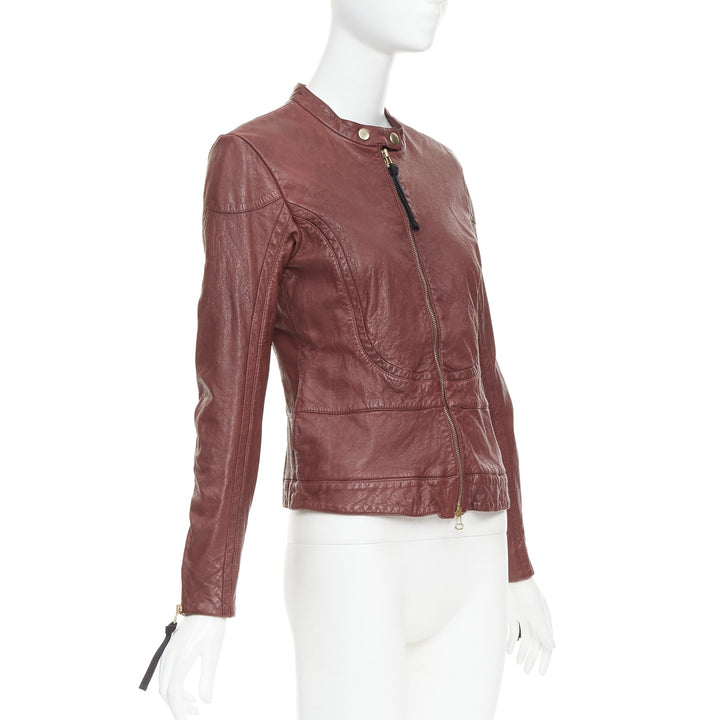 MARNI 2012 burgundy crinkled lamb leather wool lining moto biker jacket IT42 M