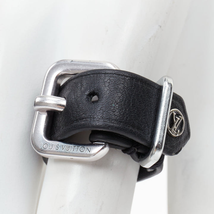 LOUIS VUITTON black soft leather silver LV logo buckle ring