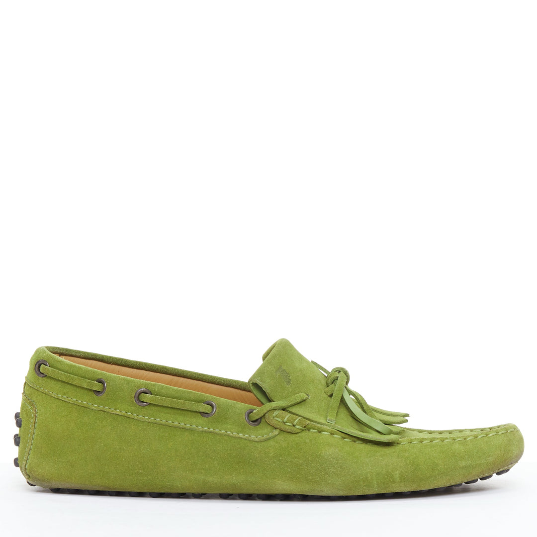 TOD'S moss green suede leather fringe tongue dot sole driving loafer UK7 EU41