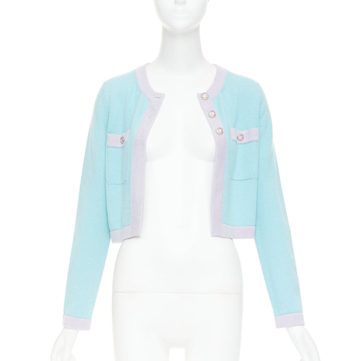 CHANEL 24C 100% cashmere pastel blue contrast trim glitter CC cropped cardigan F