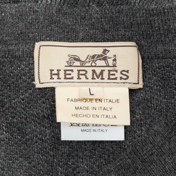 HERMES grey merino wool cashmere H monogram intarsia sweater L