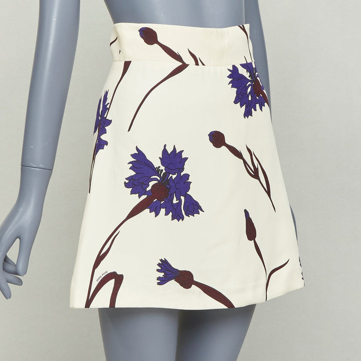 MIU MIU 2014 cream purple floral high waisted Aline skirt IT38 XS
