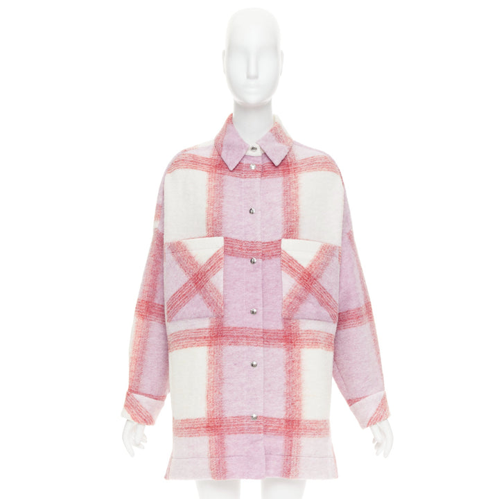 IRO PARIS Lemina pink cream wool tweed plaid check overshirt jacket FR34 XS