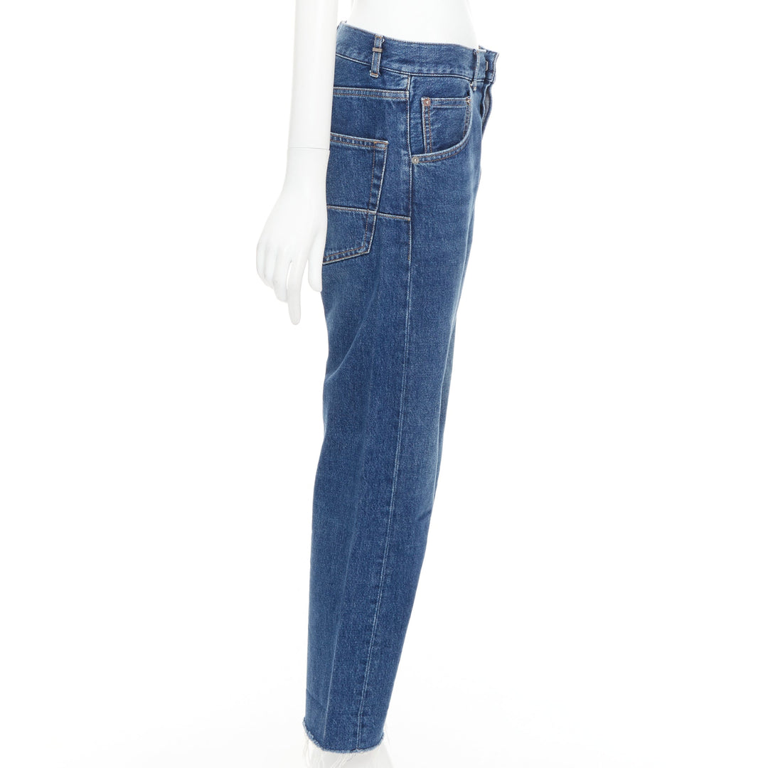 CHRISTIAN DIOR blue washed darted pockets frayed hem wide cropped jeans FR32 XXS