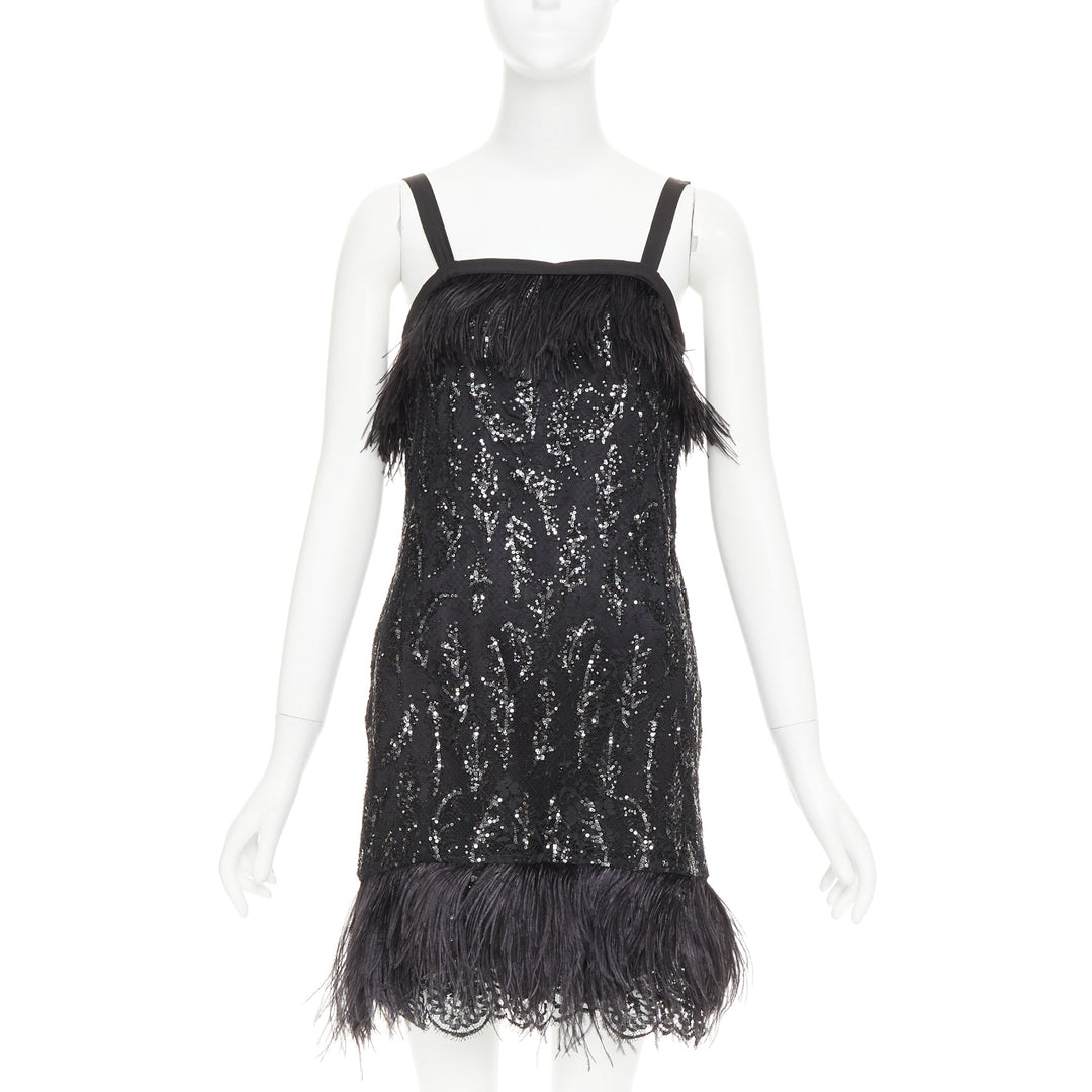 rare PRADA 2014 black sequinned lace ostrich feather strappy mini dress IT38 XS