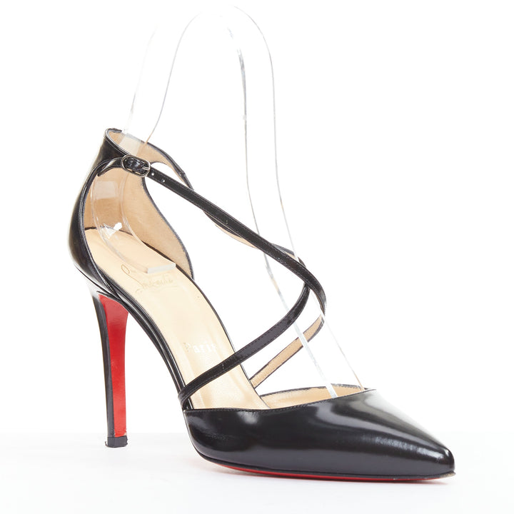 CHRISTIAN LOUBOUTIN Crosspiga 100 Jazz Calf black criss cross point pumps EU37.5
