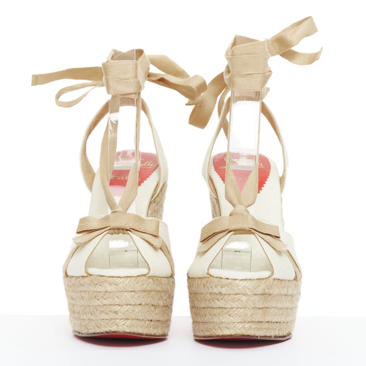 CHRISTIAN LOUBOUTIN Isabelle cream beige canvas jute bow tie wedges EU36