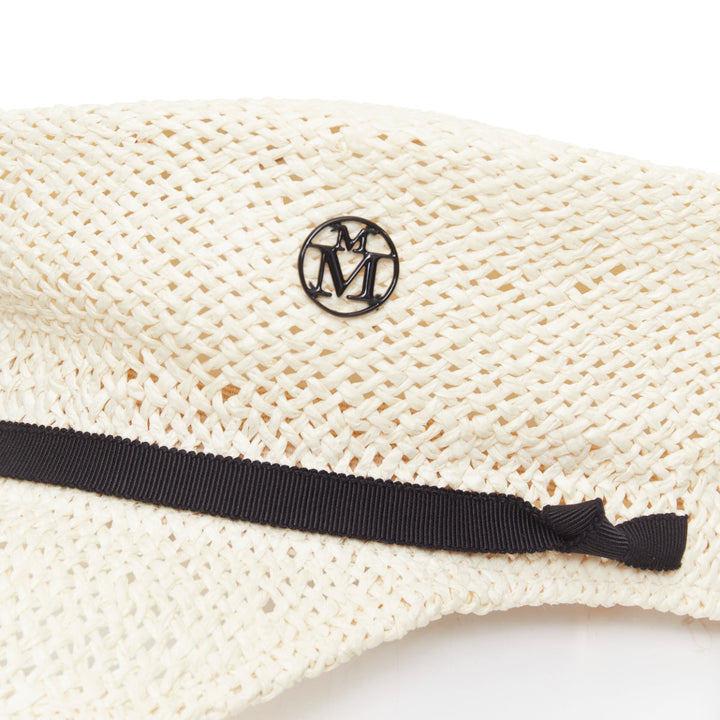 MAISON MICHEL Abbey Sailor light beige raffia MM logo black ribbon cap M