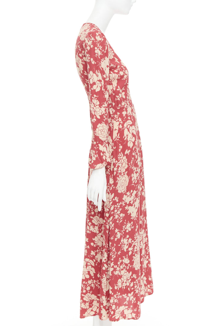 POLO RALPH LAUREN red beige floral print flare sleeve wrap dress US2 S
