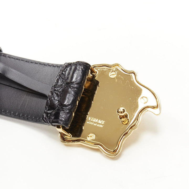 VERSACE $1200 La Medusa gold buckle black scaled leather belt 115cm 44-48"