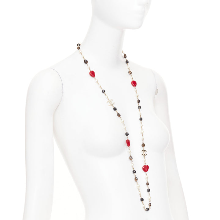 CHANEL A14C red black resin faux pearl CC logo station chain sautoir necklace
