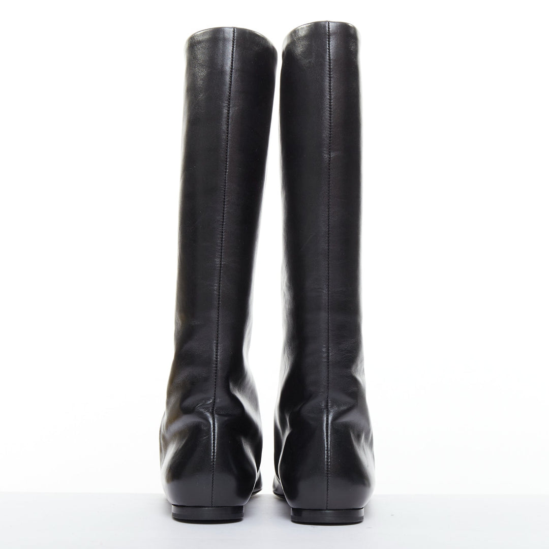 THE ROW Bette black leather square toes knee high flat boots EU37.5