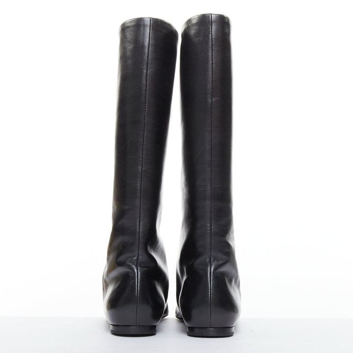 THE ROW Bette black leather square toes knee high flat boots EU37.5