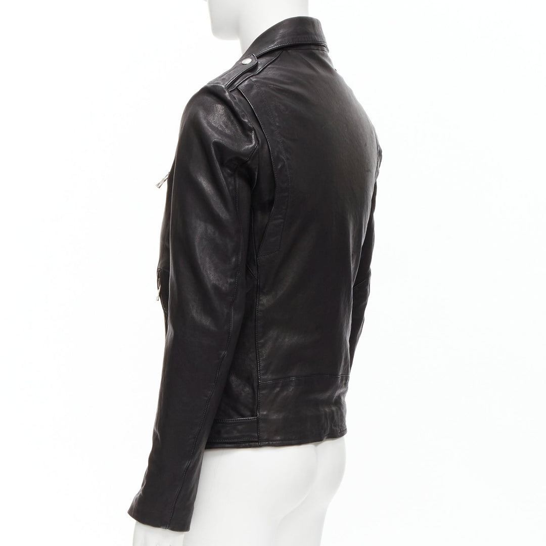 BALMAIN black lambskin leather silver zip classic biker motorcycle jacket EU48 M