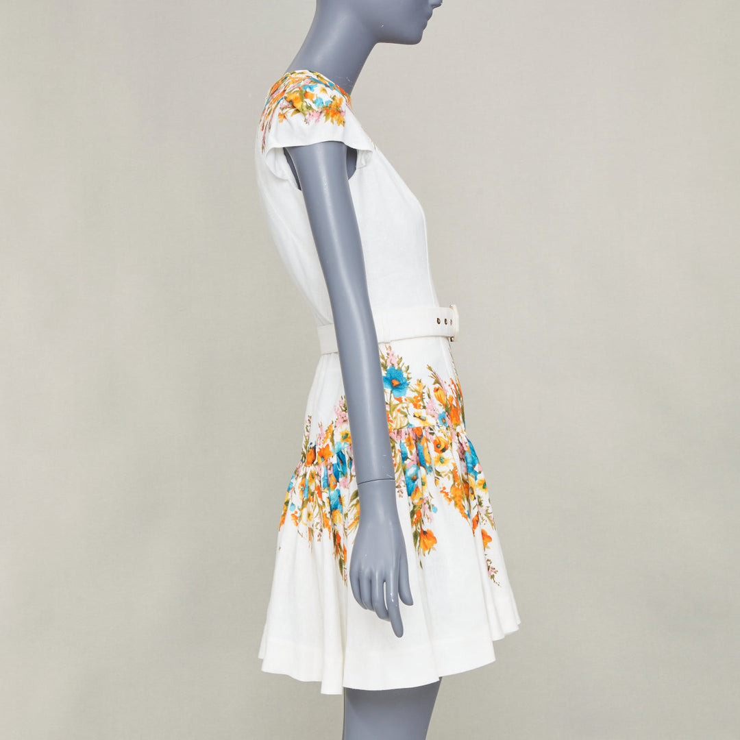 ZIMMERMANN Estelle white linen multicolor floral print belted mini dress Sz.1 XS