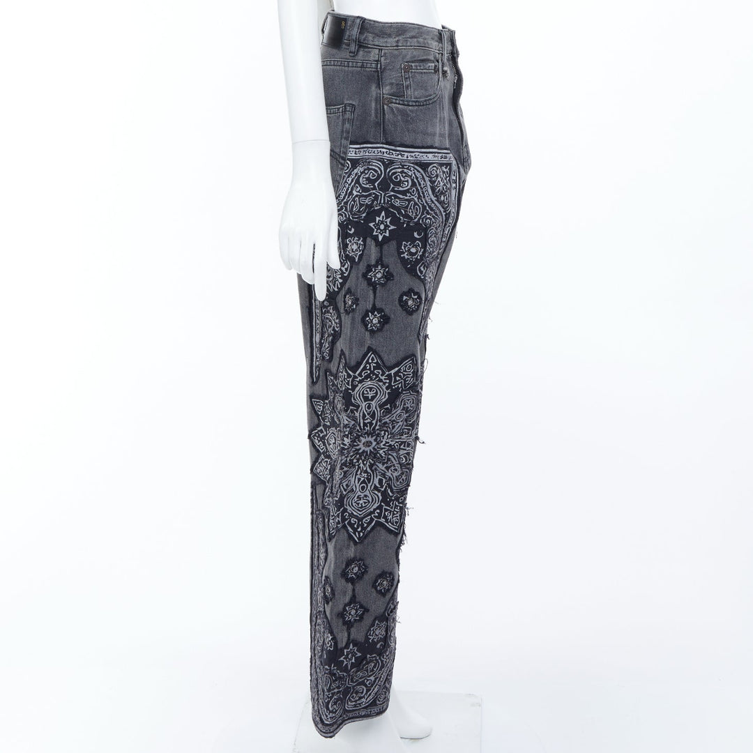 R13 2024 Venti black paisley raw hem drop crotch loose boyfriend jeans 23"
