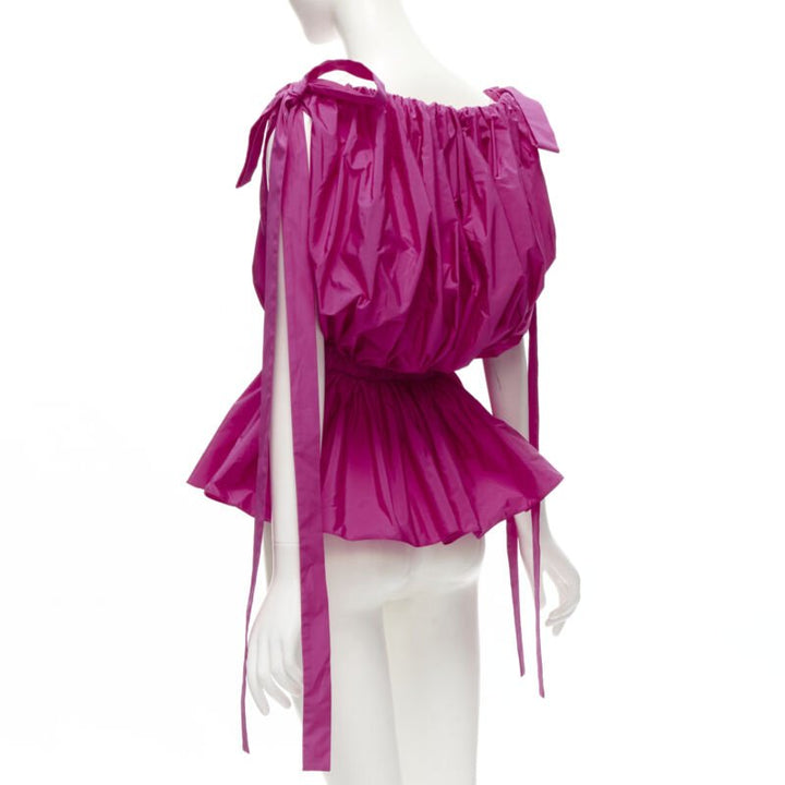 ALEXANDER MCQUEEN 2021 fuschia pink crinkled bow tie shoulder peplum top IT38 XS