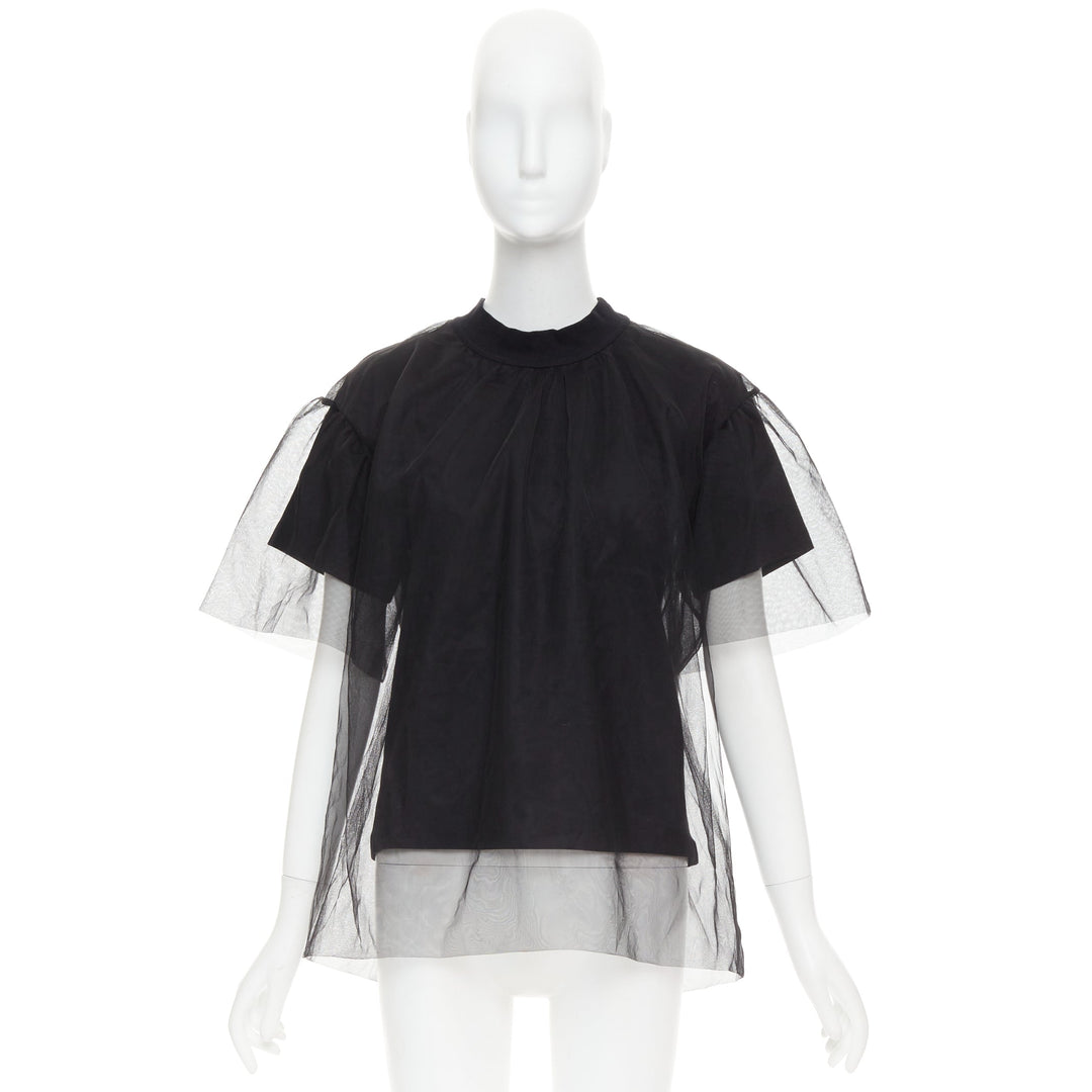 SHUSHU TONG Tulle T-shirt black mesh layered crew neck top UK6 XS