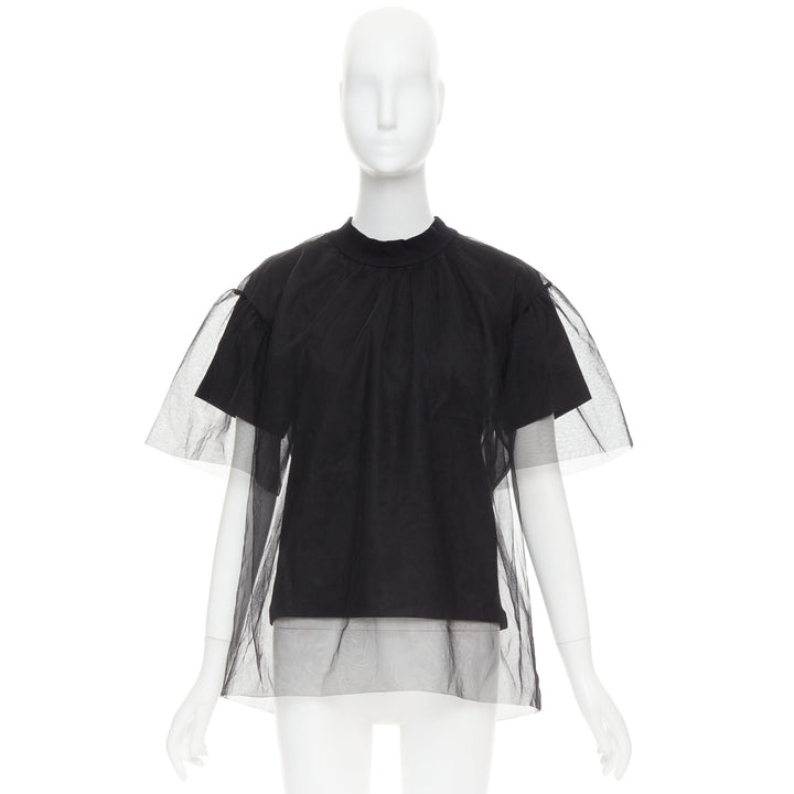 SHUSHU TONG Tulle T-shirt black mesh layered crew neck top UK6 XS