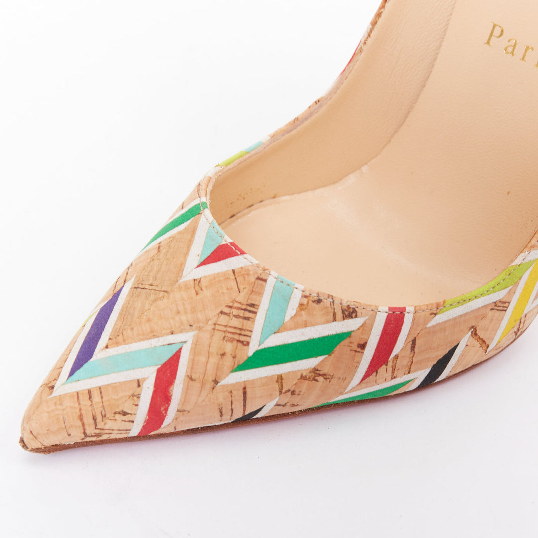 CHRISTIAN LOUBOUTIN So Kate Cork Chevron beige colourful calfskin pumps EU36.5
