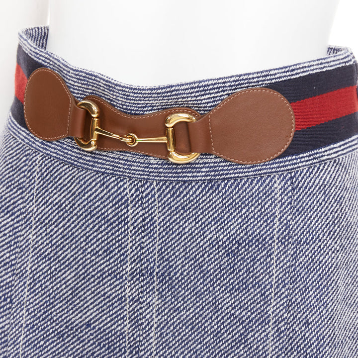 GUCCI blue cotton twill red Web Horsebit belt pleated midi skirt IT40 S