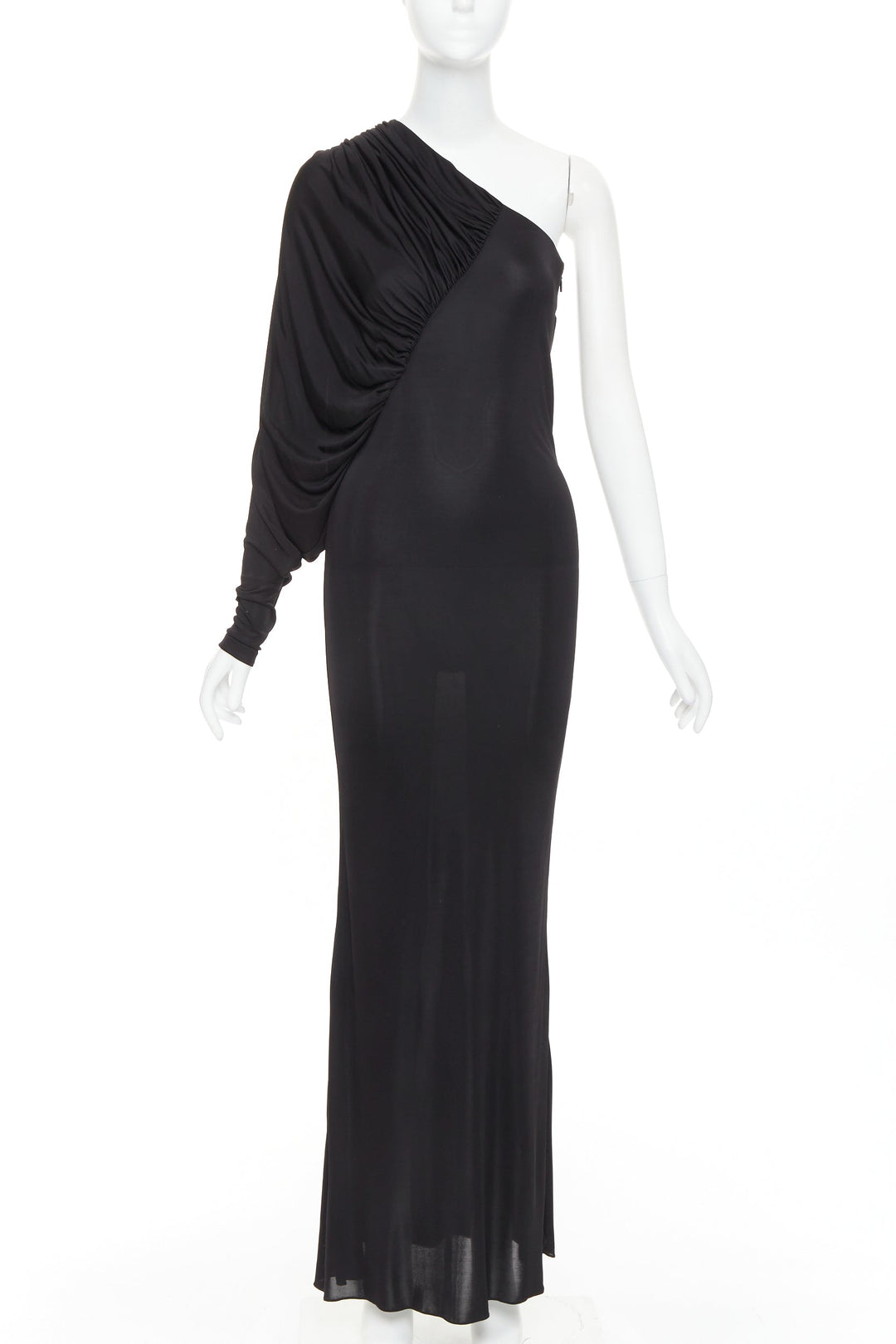 SAINT LAURENT 2023 black viscose jersey ruched one sleeve dress gown FR40 L