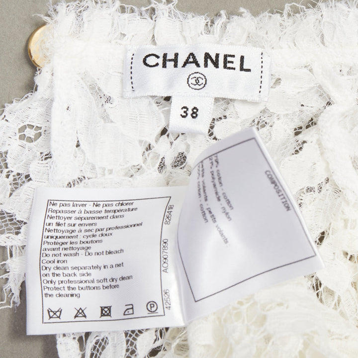 CHANEL 2017 Paris-Cosmopolite white open weave lace ruffle shirt blouse FR38 M