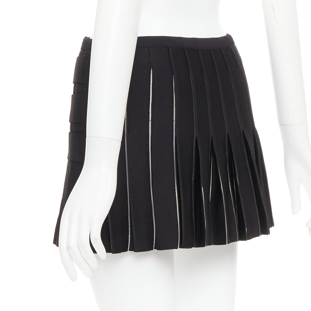 BALMAIN black gold lion buttons diamond grid knit pleated mini skirt FR34 XS