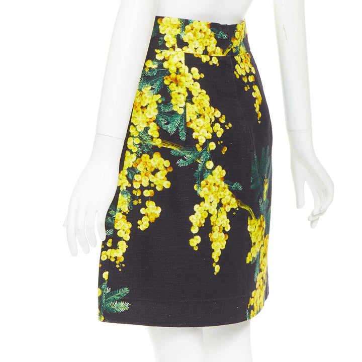 DOLCE GABBANA yellow black cotton floral print textured A-line skirt IT40 S