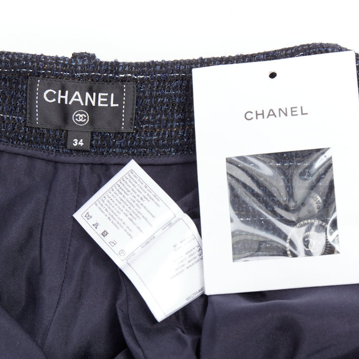 CHANEL navy metallic tweed CC button knee capri pants FR34 XS