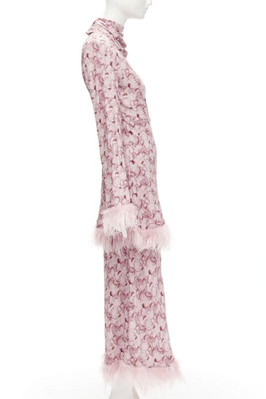 ROWEN ROSE pink Art Deco floral ostrich feather trim tiered midi dress FR34 XS