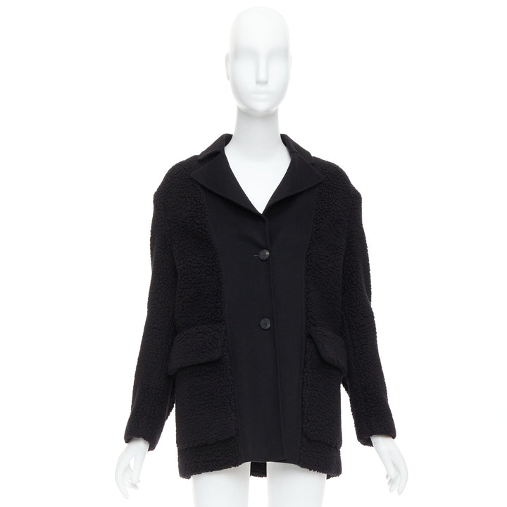 DIOR 100% cashmere black teddy textured pocketed coat FR34 XS