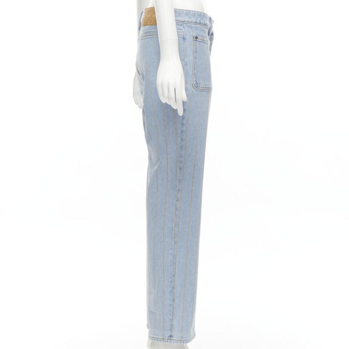 CHANEL light washed blue denim gold chain embroidery straight leg jeans FR40 M