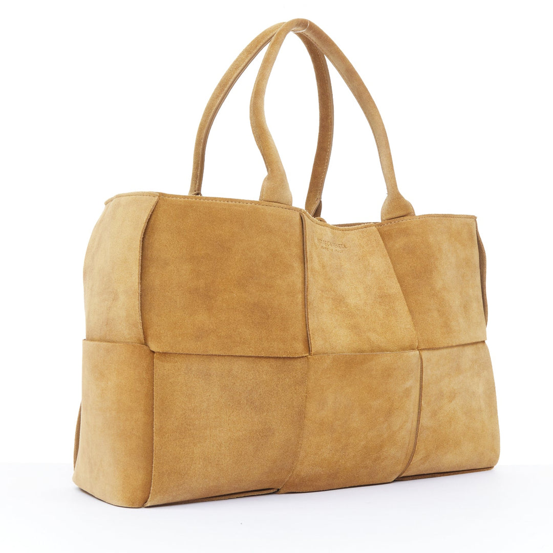 BOTTEGA VENETA Arco Medium camel suede maxi intrecciato top handle hobo tote bag