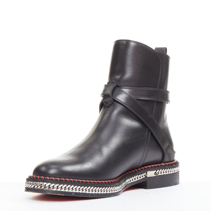 CHRISTIAN LOUBOUTIN Chelsea Chain Flat Calf Brosse black chain buckle boots EU38