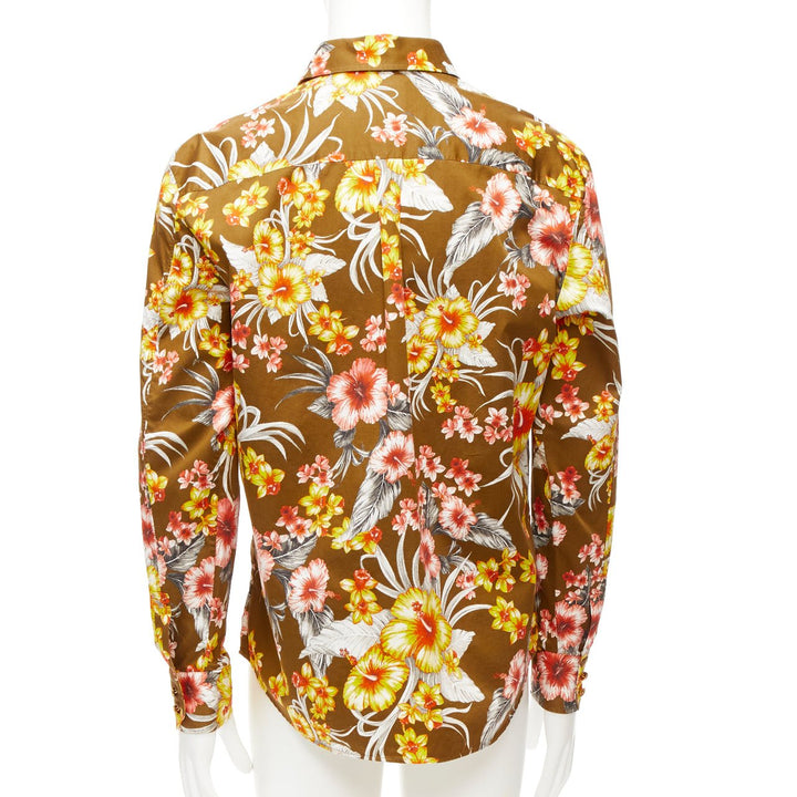 FAUSTO PUGLISI yellow tropical floral print cotton gold button shirt EU48 M